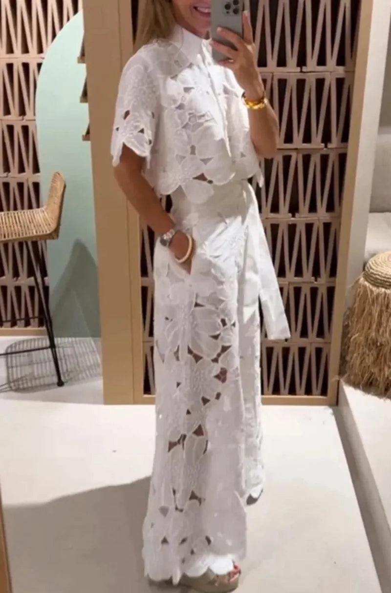 Lapel Single-breasted Shirt Top + Wide-leg Pants 2-piece Set Women Casual Hollow Suit