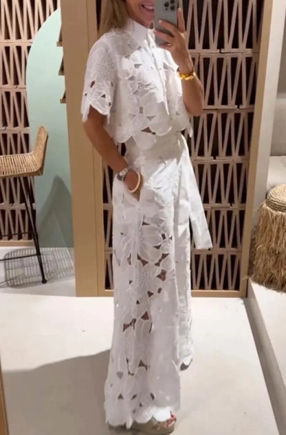 Lapel Single-breasted Shirt Top + Wide-leg Pants 2-piece Set Women Casual Hollow Suit