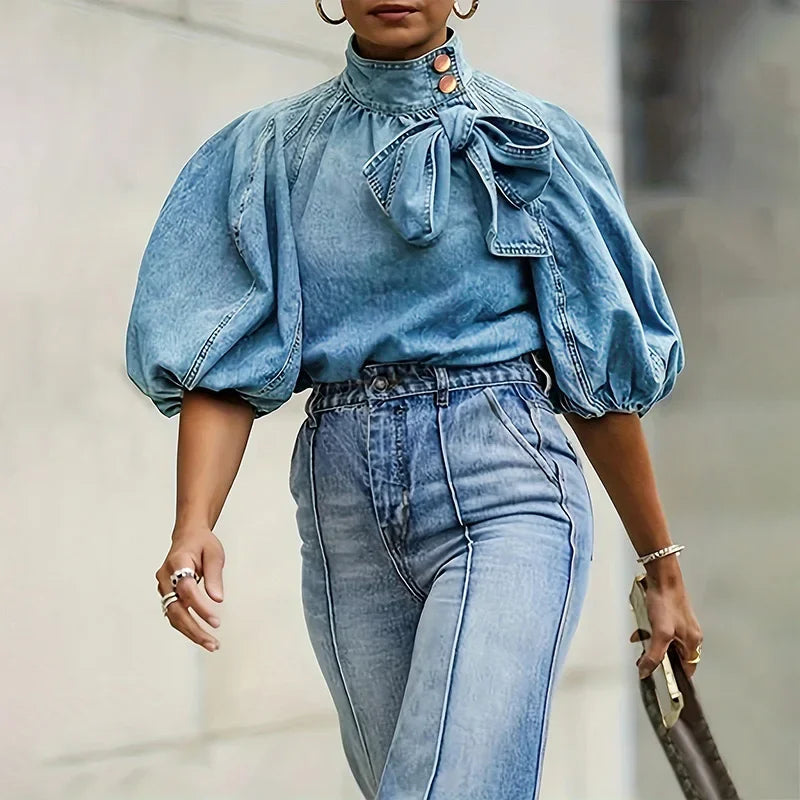 Women Denim Top Turtleneck Splice Puff Sleeve Shirts Loose Solid Pullovers Casual