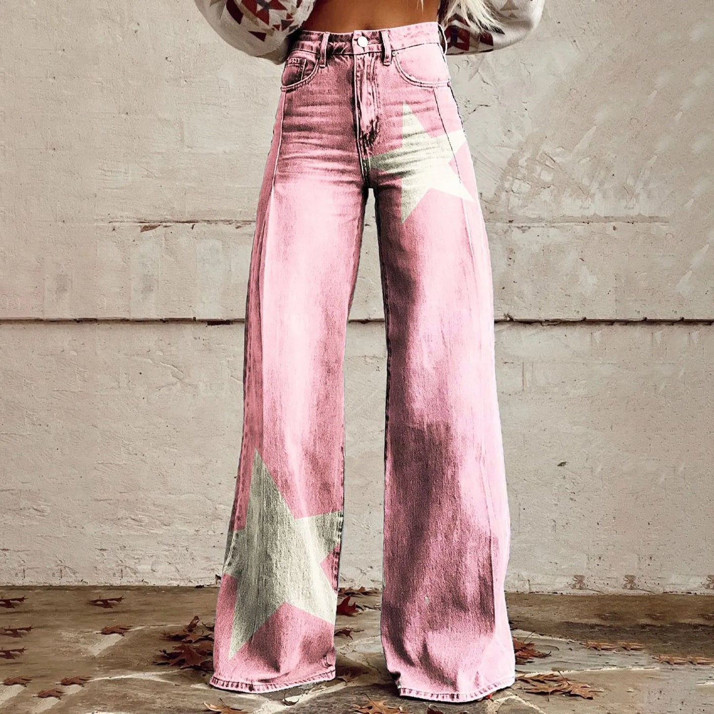 Wide Leg Jeans High Waisted Casual Floral Printed Trousers