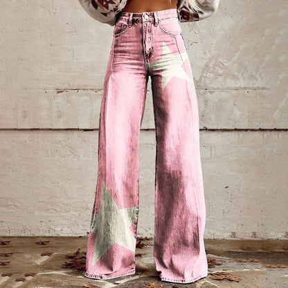 Wide Leg Jeans High Waisted Casual Floral Printed Trousers