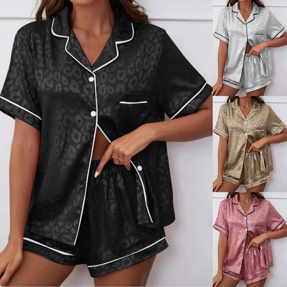 Womens Satin Printed Pajamas Sets Short Sleeved Lapel Silk