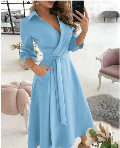 A-Line Wrap Summer Dress Long Sleeve V-Neck Dress Pocket Elegant Midi Party Dress