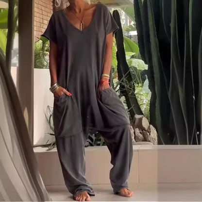 Loose Solid Color Jumpsuit Fashion Casual V-neck Short Sleeved Large Pocket Jumpsuits