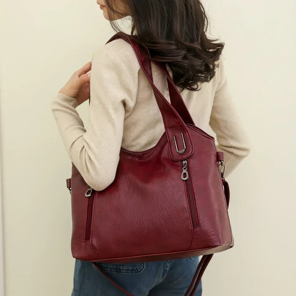 Solid Color Handbag Soft Leather Tote Bag Casual Big Shoulder Messenger Bags