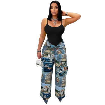 3D Print Wide Leg Cargo Active Hip Hop Straight Sweatpants Trousers