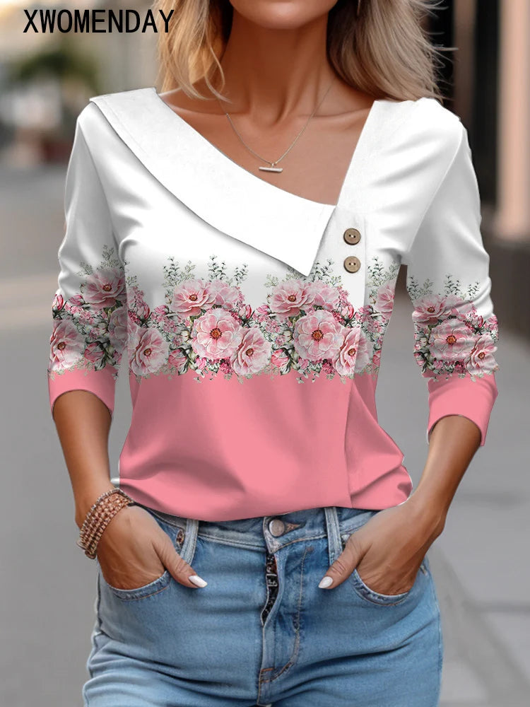 T Shirt For Women Fashion Long Sleeve Top White Floral Print Shirt