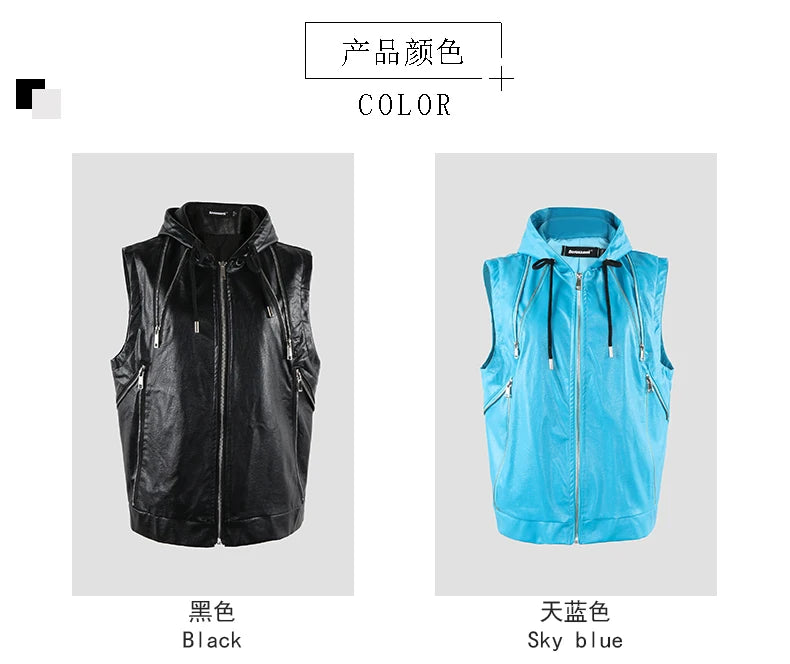 Mauroicardi Spring Autumn Luxury Elegant Cool Black Pu Leather Vest for Men with Hood Zipper Sleeveless Jacket Men Clothing 2023