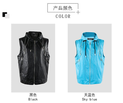 Mauroicardi Spring Autumn Luxury Elegant Cool Black Pu Leather Vest for Men with Hood Zipper Sleeveless Jacket Men Clothing 2023