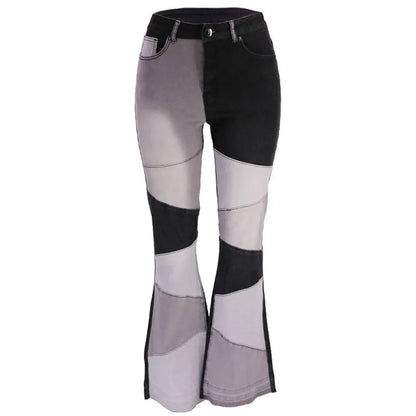 Women Flare Jeans Casual Pants Pannelled Collision High Waist Fit Female High Quality