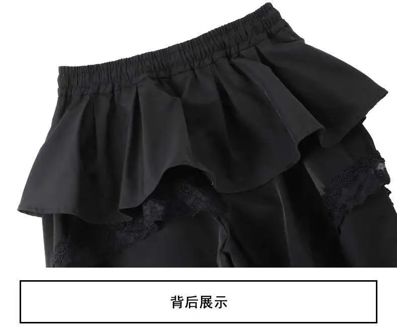 Y2K Black Cargo Pants Women Lace Patchwork White Wide Leg Pants
