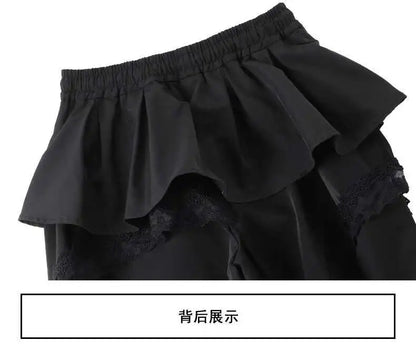 Y2K Black Cargo Pants Women Lace Patchwork White Wide Leg Pants