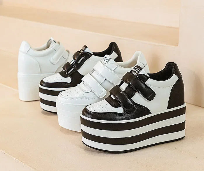 High quality 12cm Synthetic Genuine Leather Boot Ankle Platform Wedge High Brand Chunky Sneaker Shoes