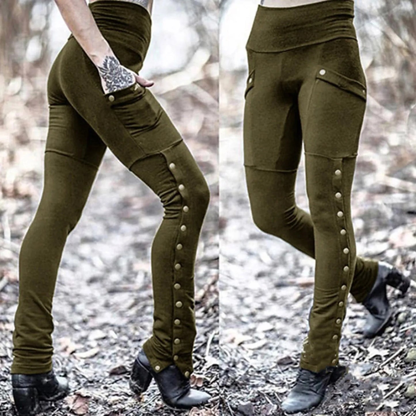 Black Pencil Pants For Women Medieval Gothic Steampunk Rivet Skinny Leggings Trousers Sexy Fashion High Waisted Denim Pants