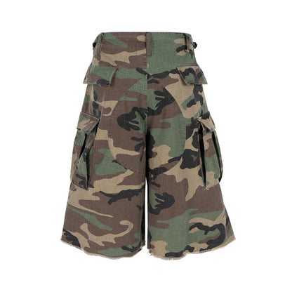 Silhouette Camouflage Cargo Cropped Shorts for Men Wide Leg Patchwork Baggy Over Knee Pants