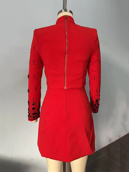 Long Sleeve Short Top and Mini Skirt Suit Outfit, Diamond Beaded Design,High Quality, 2 Pcs Set