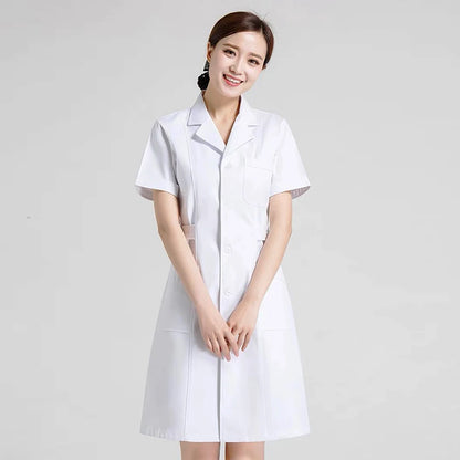 Hospital Clinical Uniforms Scrubs Lab Coat Pharmacy Short Sleeve Nurse Doctor Dress Medical Robe Women White Coat