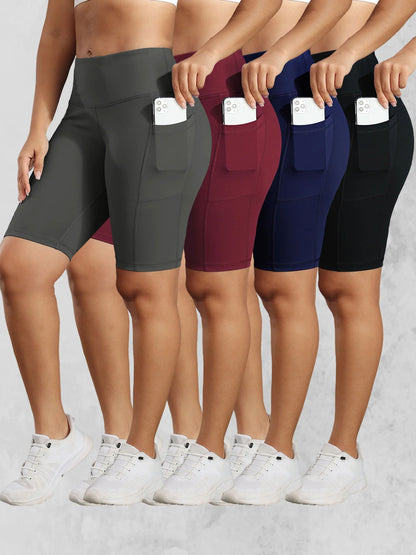 Solid Yoga Shorts with 3 Pockets High Waist Butt Lifting Elastic Cycling Shorts Activewear