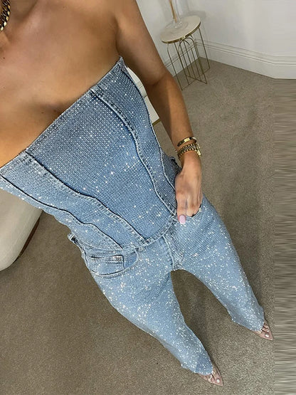Diamond Vest Jeans Set For Women Sleveless Tube Tops High Waist Pocket Denim