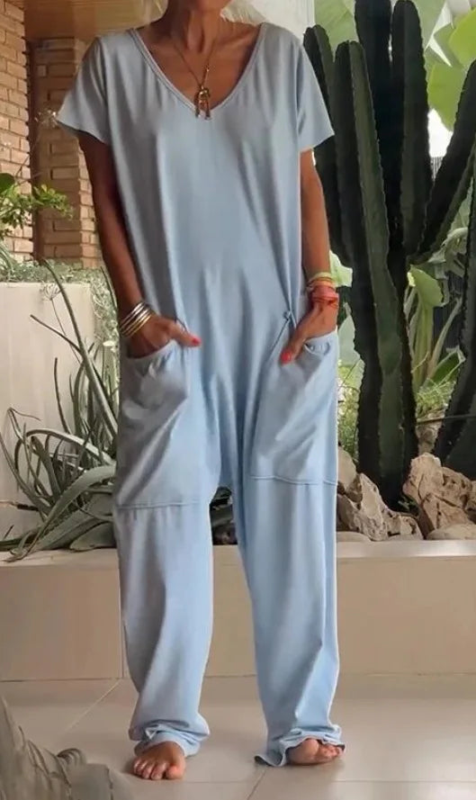 Loose Solid Color Jumpsuit Fashion Casual V-neck Short Sleeved Large Pocket Jumpsuits