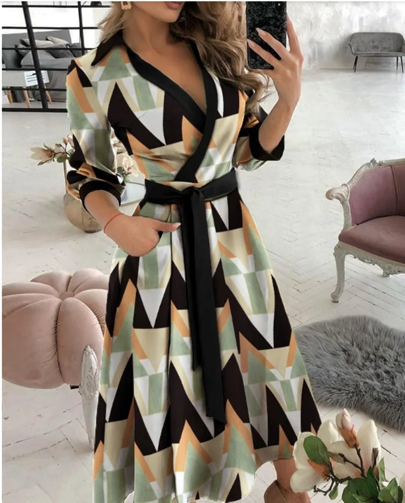 A-Line Wrap Summer Dress Long Sleeve V-Neck Dress Pocket Elegant Midi Party Dress