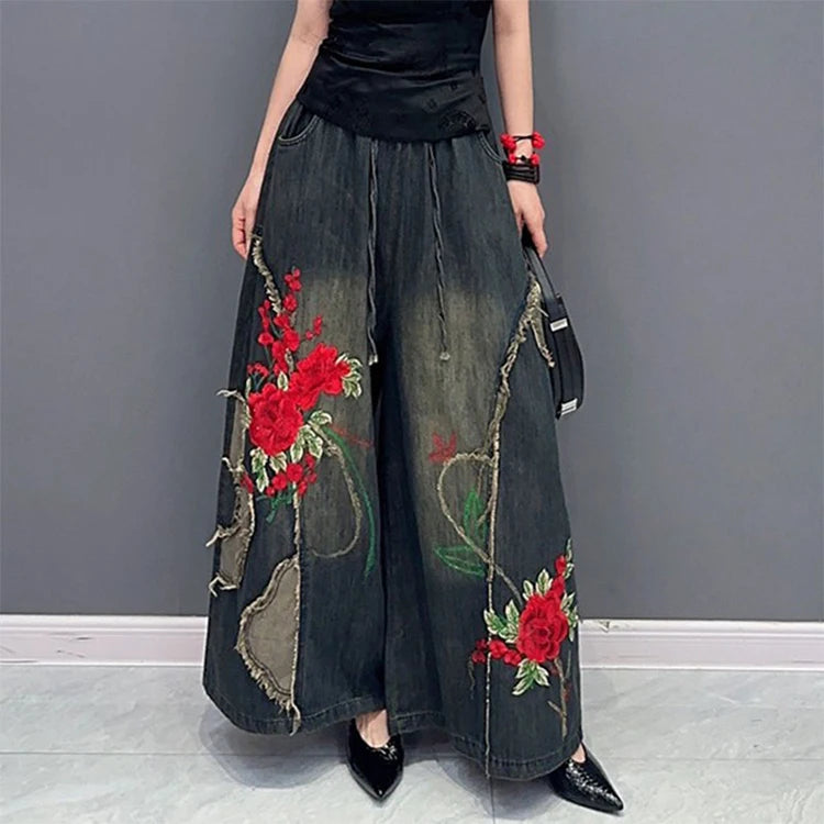 Women's Straight Jeans High-waist Ethnic Style Embroidered Drawstring Oversized Denim Wide-leg Pants