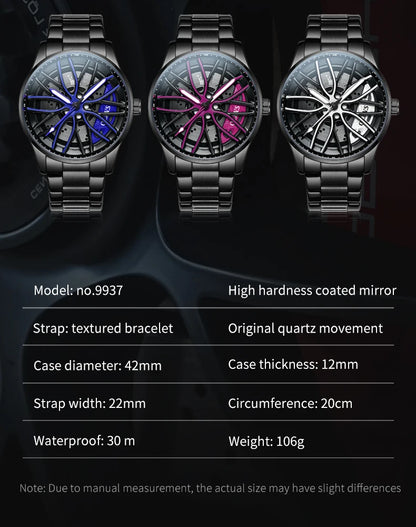 Mens Watch Original Rotatable Wheel Hub Dial Fashion Trend Quartz Watch Waterproof Luminous