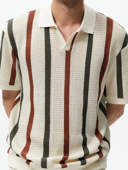 Chunky Knit Short-Sleeve Polo Shirt With Stripes And Contrast Colors, Casual Wear