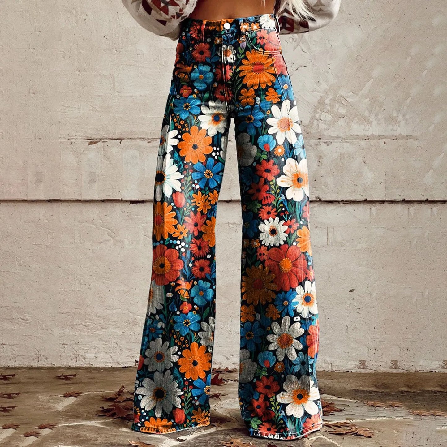 Wide Leg Jeans High Waisted Casual Floral Printed Trousers