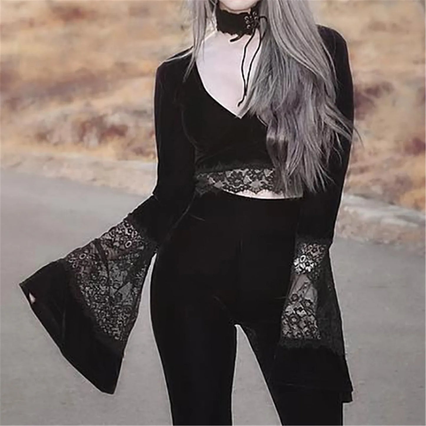 Gothic Lace Shirts Hollow Flare Long Sleeve V Neck Black Tops Retro Shirt