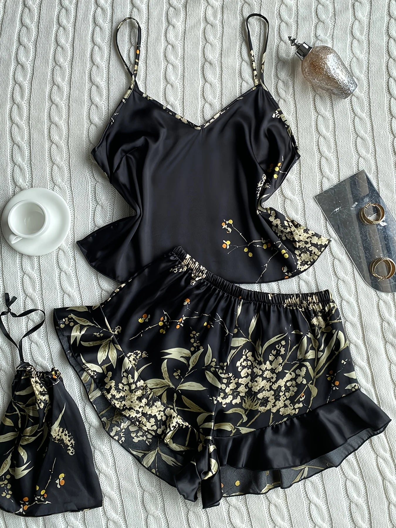 Elegant Floral Print Cami Tops   Ruffle Hem Shorts Pajama Set  Women's Sleepwear