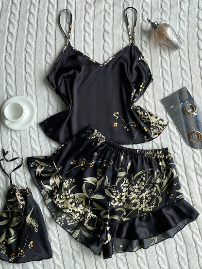 Elegant Floral Print Cami Tops   Ruffle Hem Shorts Pajama Set  Women's Sleepwear