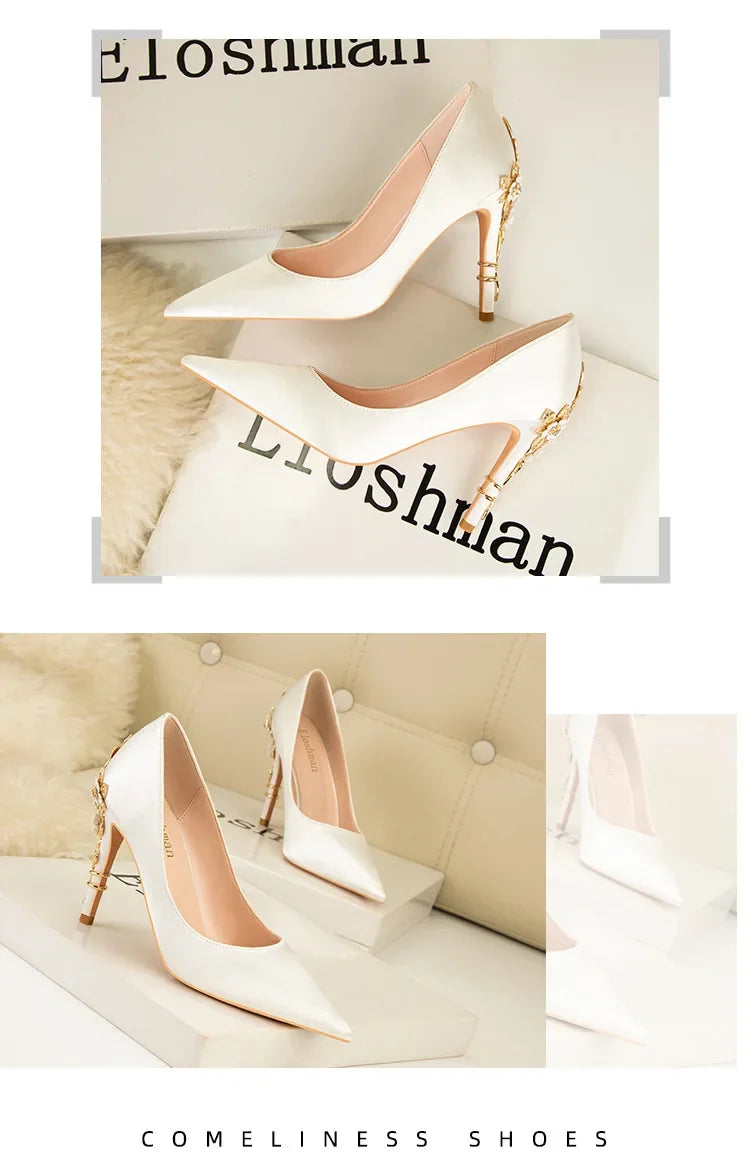 Women's Metal Flowers Stiletto High-heel Shoes Female  Light Luxury Wedding Shoes Pointed Toe