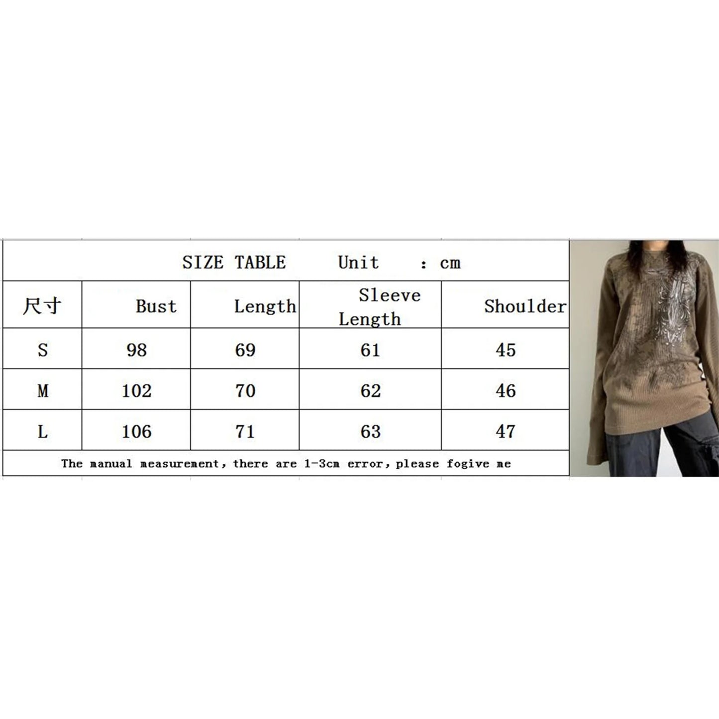 Gothic Long Sleeve Round Neck Cross Print Loose T-Shirts Streetwear Grunge Tops