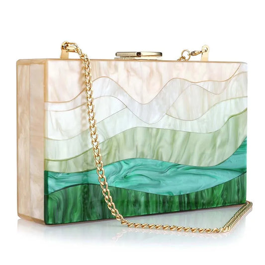 Womens Handbag Green Beige Striped Acrylic Luxury Casual Cute Box Clutch Purse