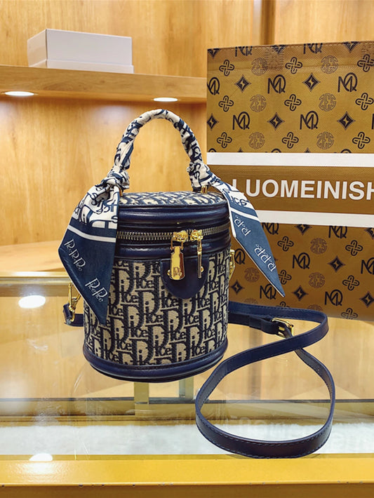 Lightweight Fabric Shoulder Bag, Blue/Black Letter Design, Detachable Strap & Scarf