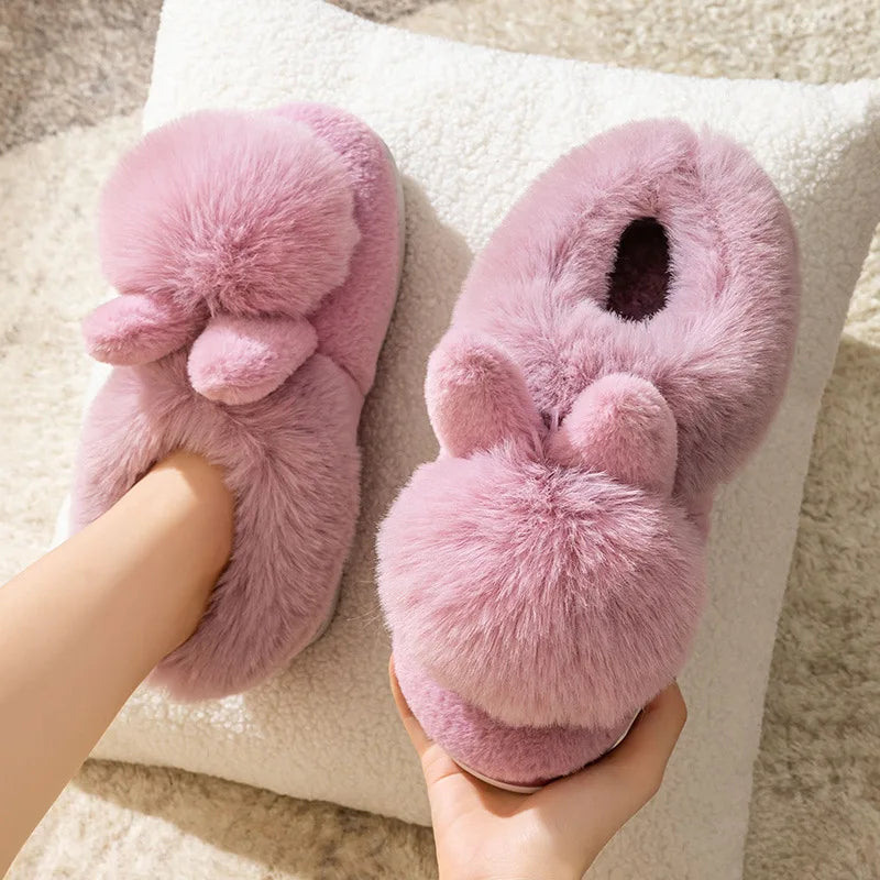 Fluffy Snow Boots Winter Warm Rabbit Ears Thick Bottom Cotton Shoes Anti Slip Solid Color - Fashionqueene.com