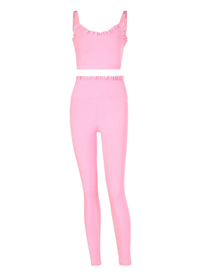 Solid Color Wood Ear Bra & Hip-Lifting High Waist Leggings Pants Fitness Yoga Two Pieces Set