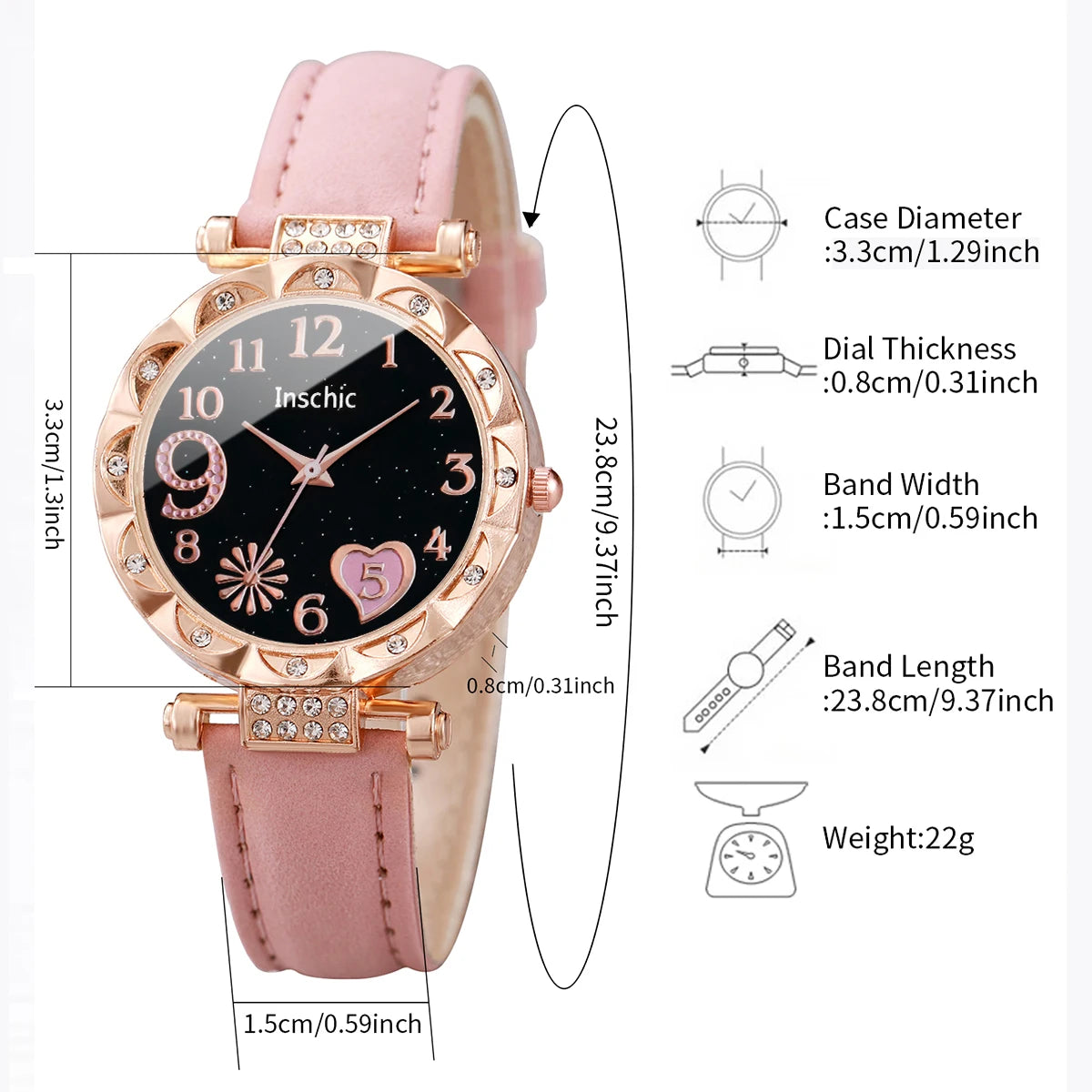 6PCS/Set Fashion Heart Dial Women's Watch Casual Leather Band Analog Quartz Watch Leaf Bracelets Set（Without Box）