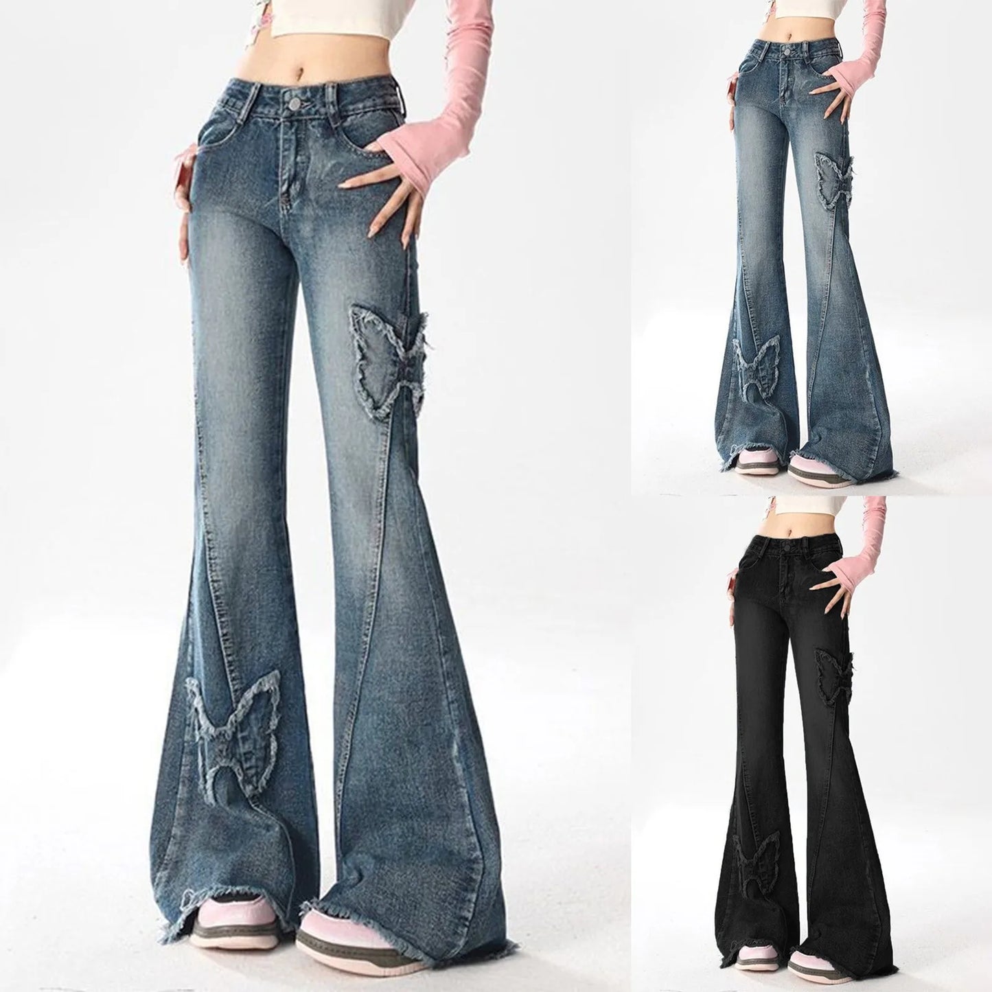 Y2k High Street Flare Jeans Retro Punk High Waist Wide Frayed Butterfly Low Rise