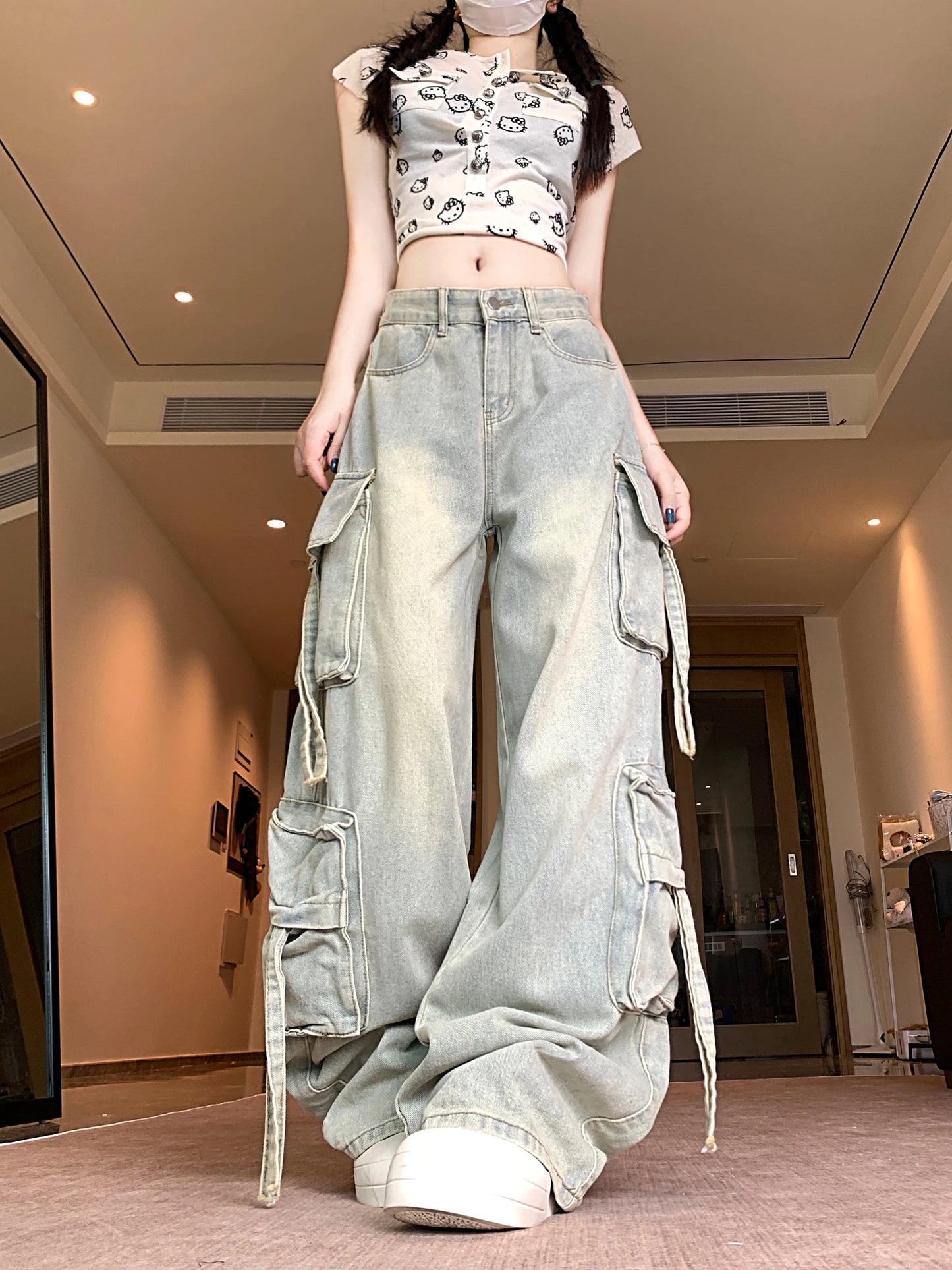 Women's Blue Multi Pocket Cowboy Pants Cargo Y2K Japanese Harajuku Streetwear Aesthetics Retro 90S Jeans Pants Clothing 2025 New