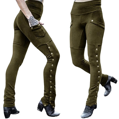 Medieval Gothic Steampunk Rivet Split Leg Pants Elastic Pocket Pencil Pants