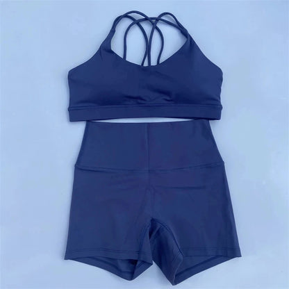 Solid Color Gym Bike Yoga Set Short Legging +Cross Sport Bra Tracksuit Athletic Women Gym Suit Comprehensive Training Jogging