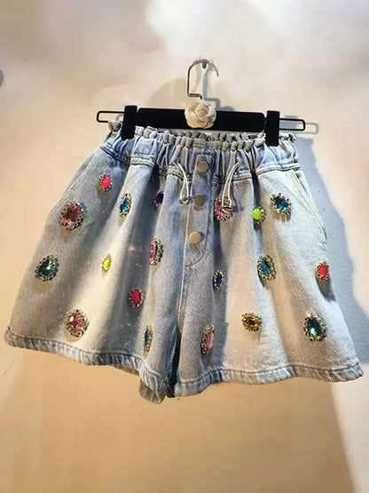 Women's Denim Shorts Colored Big Diamonds Drawstring Elastic Waist Wide Leg Short Pants