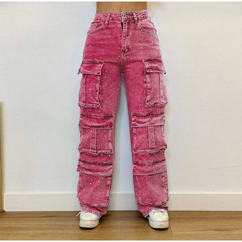 High Waist Cargo Denim Jeans With Full Rhinestones Sparkling Casual Baggy Pants Streetwear Chic Daily Trousers