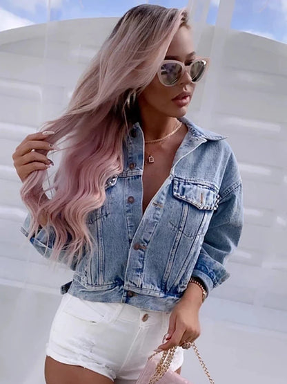 Denim Jacket Female Light Blue Diamond Tassel Coat Single-Breasted Open Back Women Jeans Coat