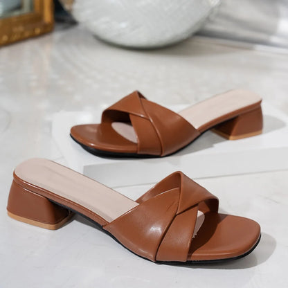 Fashion Open Toe Solid Color Surface Versatile Candy Color Square Heel Slippers Women's Sandals