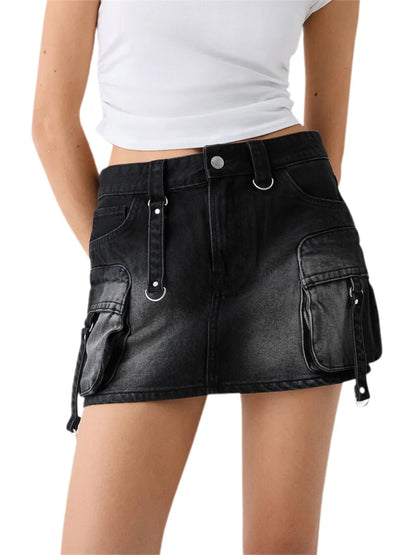 Women s High Waisted Denim Cargo Skirts with Side Pockets and Belt Loops Stylish A-line Mini Skirts for Casual Streetwear
