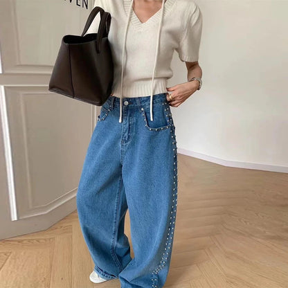 Metal Rivet Wide Leg Jeans Trousers Baggy Low Rise Pockets Denim