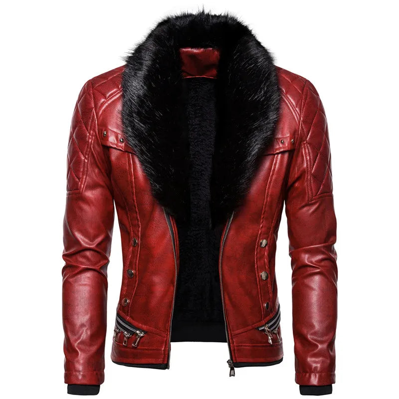 Winter Fleece Motorcycle Leather Jacket Men Turn Down Fur Collar Slim Fit Warm PU Bomber Jacket